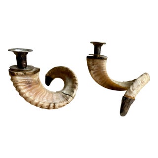 Vintage Organic Modern Ram’s Horn Candlesticks With Silvered Brass Mounts – Pair For Sale