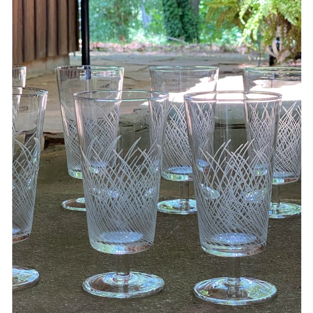 1970s Flat Bottom, Short Stem Cocktail/Water Glasses, Hand Etched Abstract Pattern- Set of 10 For Sale - Image 4 of 13