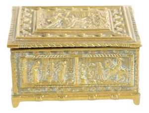 19th-Century French or German Brass Casket With Repoussée Classical Figures