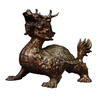 Late 19th Century Gilt Bronze Dragon Turtle Statue With Bagua Shell, 1.4kg For Sale