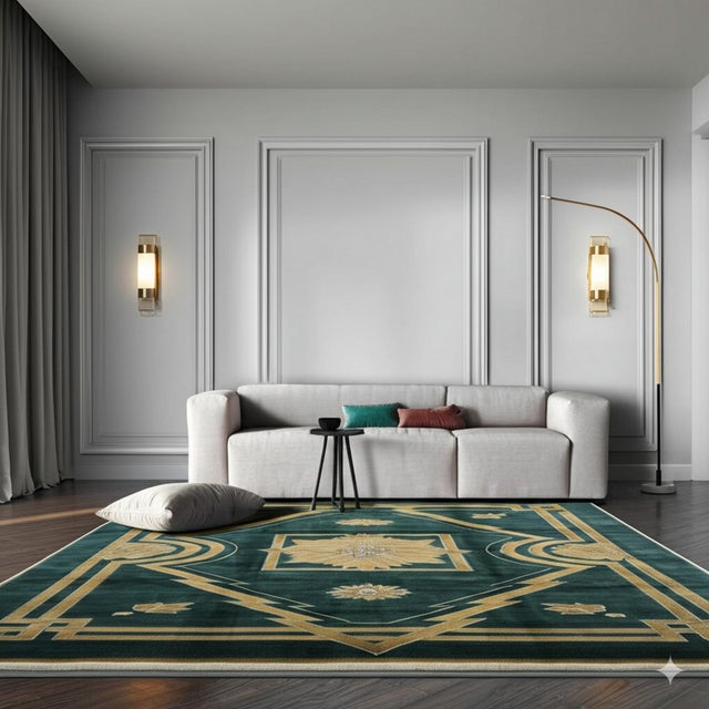 Sloane Louie Green Hand Knotted Wool Rug, Country of Origin: China. This exceptional piece presents a striking modernist...