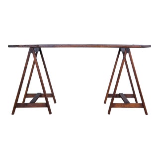 Antique Country French Sawhorse Style Walnut Farmhouse Console Work Table For Sale