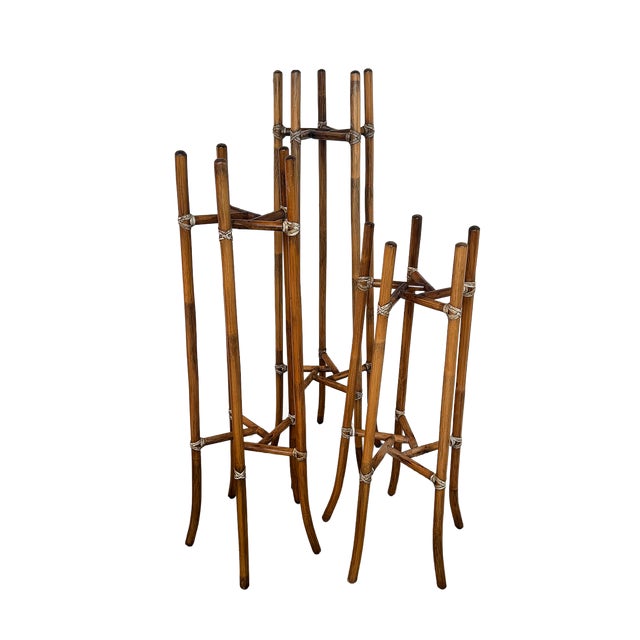 Boho Chic 1970's McGuire Bamboo and Rawhide Leather-Wrapped Planter Stands - Set of 3 For Sale - Image 3 of 6