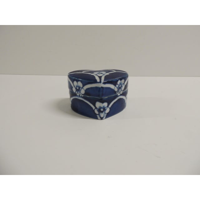 Vintage Blue & White Heart Shape Hand Painted Ceramic Decorative Box Stamped Reed and Barton Size: 3.5"W x 3"D x 2"H