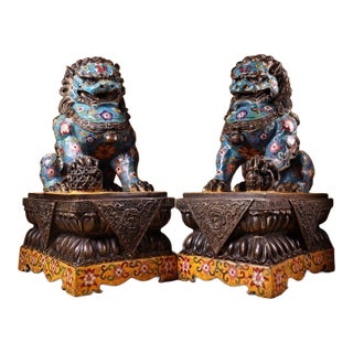 Late 20th Century Pair of Gilt Bronze Cloisonné Enamel Guardian Lion Figures on Stands For Sale