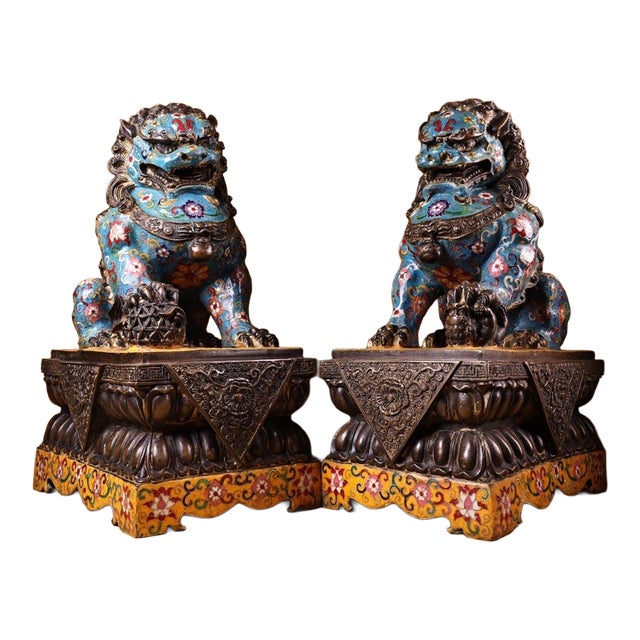 Late 20th Century Pair of Gilt Bronze Cloisonné Enamel Guardian Lion Figures on Stands For Sale