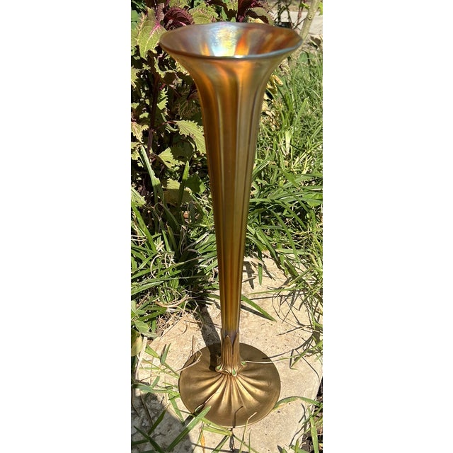 Bronze Antique 18" l.c. Tiffany Favrile Iridescent Trumpet Vase With Tiffany Furnaces Bronze Base For Sale - Image 8 of 12