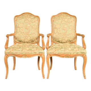 John Stuart French Provincial Louis XV Carved Oak Armchairs | Pair For Sale