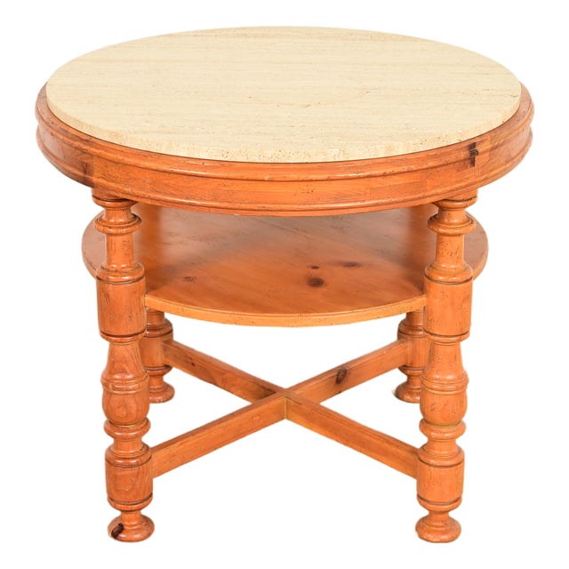 Baker Furniture Italian Provincial Pine and Travertine Top Tea Table or Center Table For Sale