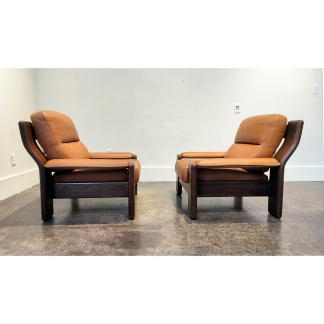 Charles Dudouyt Heavy Circa 1970 Oak and Cognac Leather French Club Chairs For Sale - Image 4 of 9