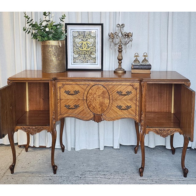 Wood Burl Wood / Veneer Sideboard Buffet, Louis XV Style, 1930's Sideboard Cabinet For Sale - Image 7 of 18