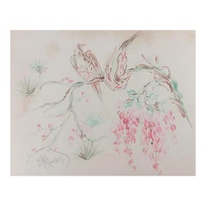 Vintage Birds and Pink Flowers Watercolor Painting