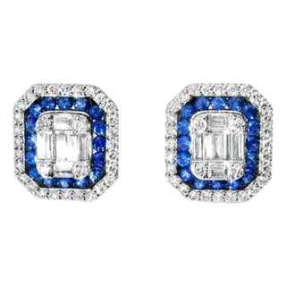 Mid 20th Century Pair of 18k White Gold Sapphire Diamond Stud Earrings Estate Sapphire For Sale