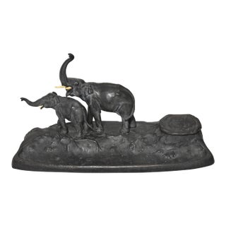 Victorian Bronze Elephant Desk Pen Holder With Inkwell Signed Austria For Sale