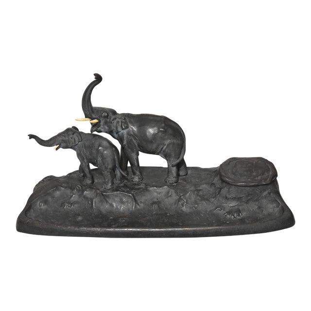 Victorian Bronze Elephant Desk Pen Holder With Inkwell Signed Austria For Sale