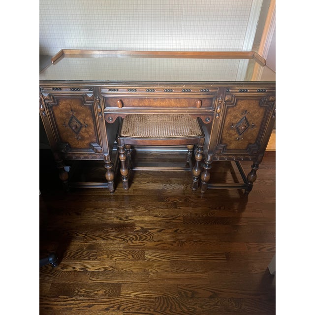 1920s Berkey & Gay Jacobean Revival Burl Walnut Kneehole Desk/Vanity With Glass Top & Stool, Vintage, Maker's Mark For Sale - Image 16 of 16