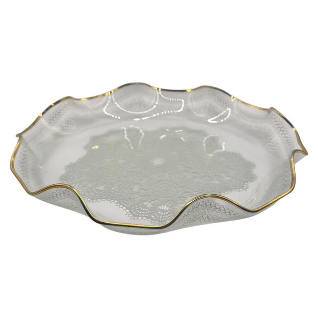 Glass Vintage Glass Serving Dish With Lace Pattern and Gold Trimmed Ruffled Rim For Sale - Image 7 of 12