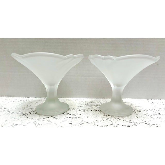 Set of two vintage Italian frosted glass berry bowls with elegant flow and fluted style bowling pedestal stems. Perfect...