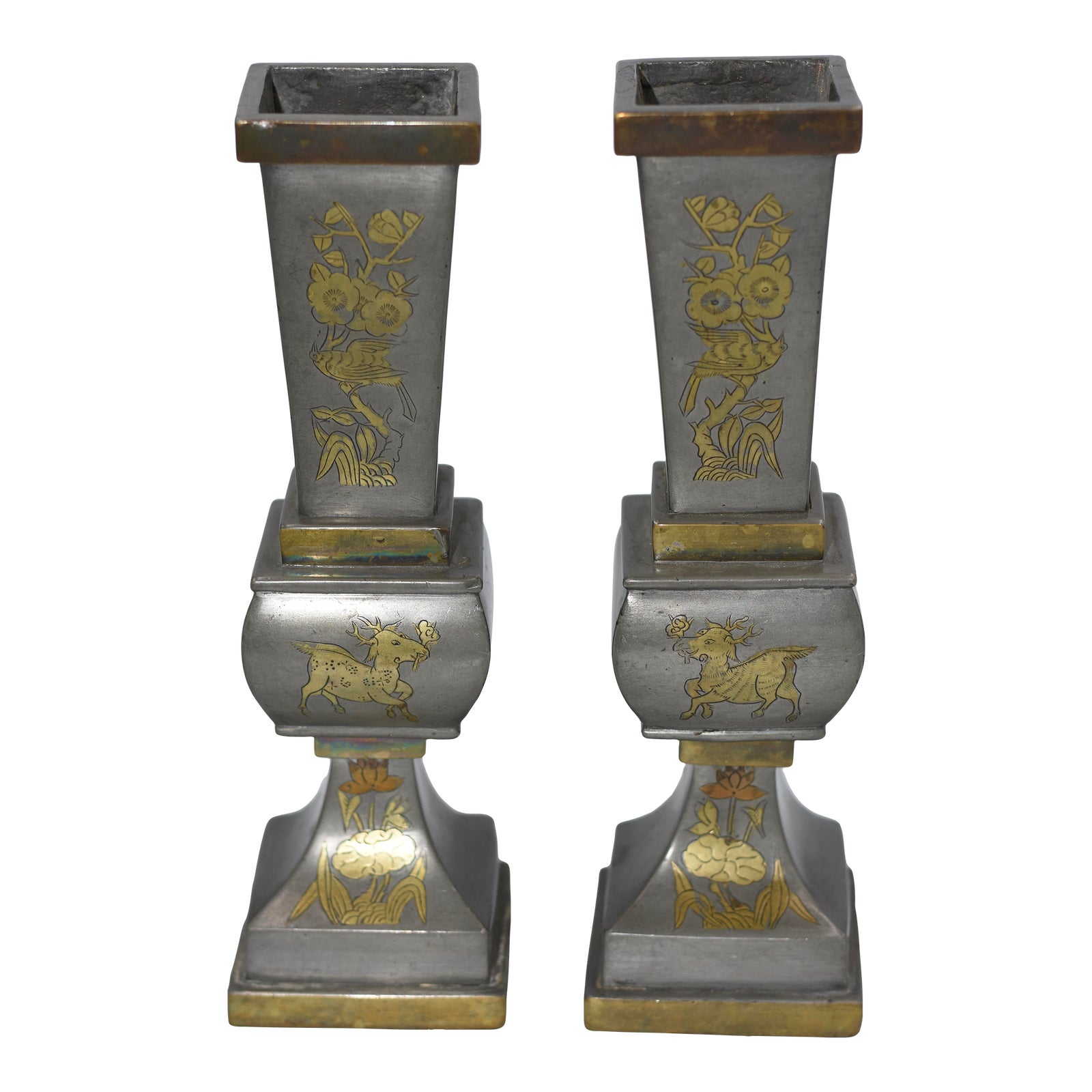 Late 19th Century Chinese Pewter & Brass Temple Alter Candlesticks