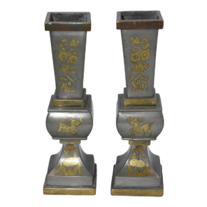 Late 19th Century Chinese Pewter & Brass Temple Alter Candlesticks Joss Stick Holder Garniture- Set of 2