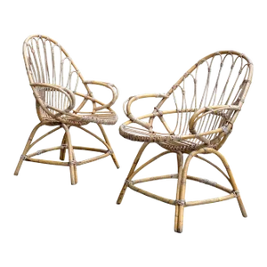 Vintage Boho Coastal Rattan Sculptural Arm Chairs - a Pair