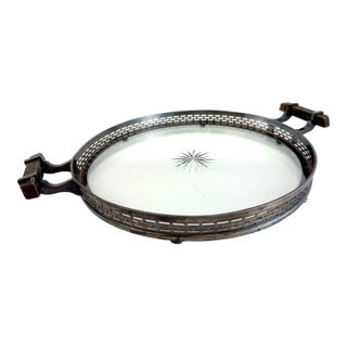 Mid 20th Century Silverplate Gallery Tray With Cut Glass Starburst Design and Wood Handles For Sale
