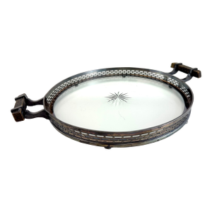 Mid 20th Century Silverplate Gallery Tray With Cut Glass Starburst Design and Wood Handles