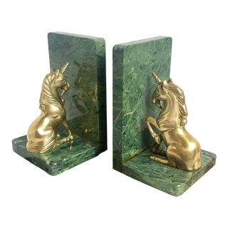 Vintage Unicorn Bookends Brass and Marble 1960's Hollywood Regency - a Set For Sale