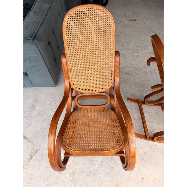 Vintage Bentwood Cane Rockers | Art Nouveau / Victorian Conservatory Style | Pair For Sale In Fayetteville, AR - Image 6 of 9