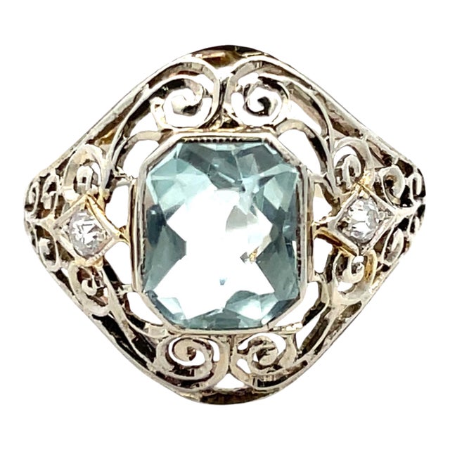18k Solid White Gold Aquamarine & Old Mine Cut Diamond Antique Filigree Ring, Size 4.25 For Sale