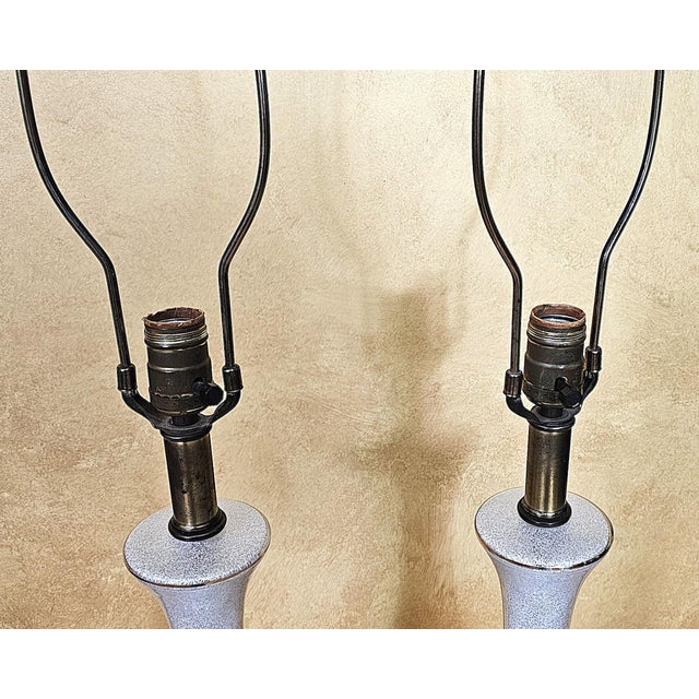 Mid 20th Century Pair of Vintage White Crackle-Glaze Table Lamps With Pleated Shades – 35” For Sale - Image 12 of 18