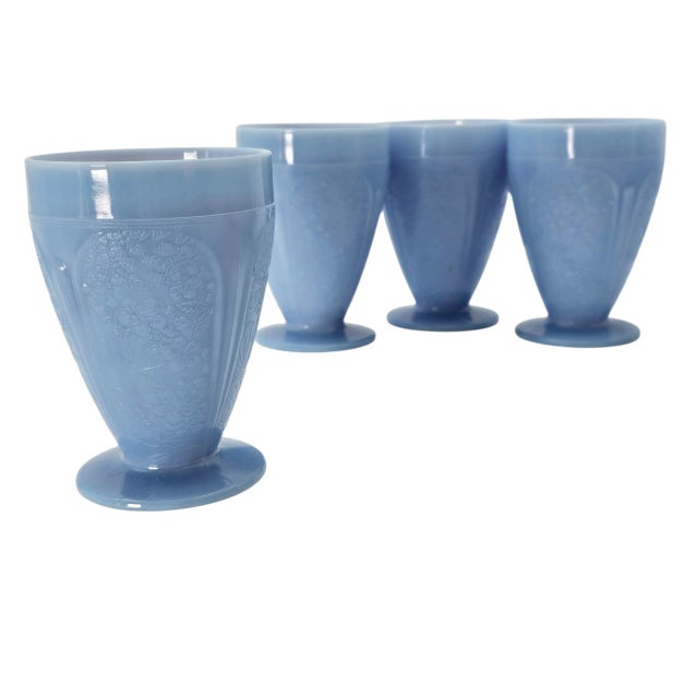 Traditional Jeanette Glass Delphite Blue Cherry Blossom Footed Juice Tumblers, Set of Four For Sale - Image 3 of 9