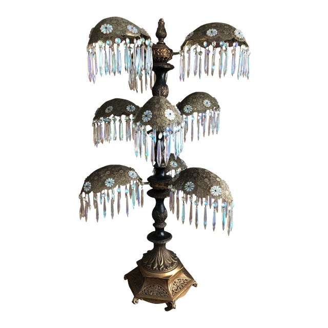 Vintage Art Deco Nouveau Crystal Filigree Brass Chandelier Table Lamp For Sale