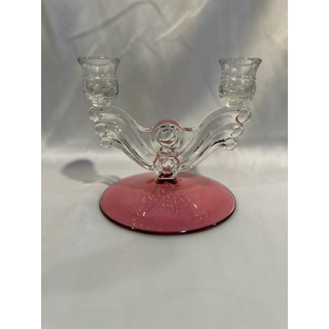 1930s Art Deco Double Candle Holders with Cranberry Base For Sale - Image 4 of 4