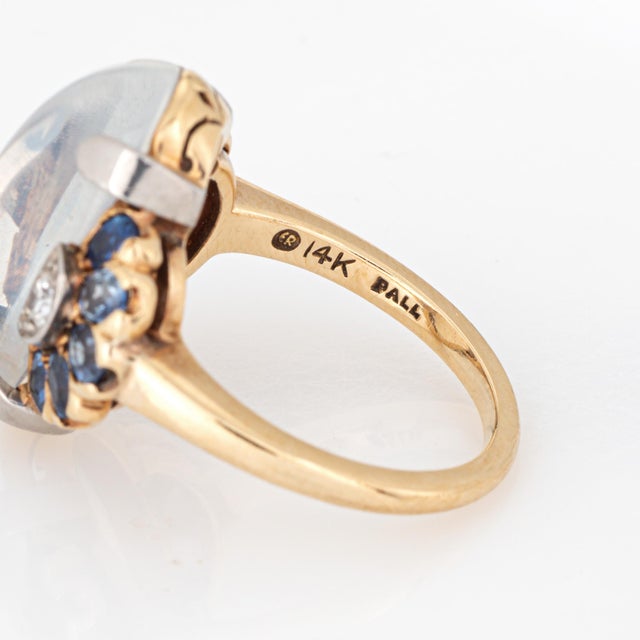 Metal 1940s Retro Vintage Moonstone Sapphire Ring Diamond Size 6.25 14k Gold Palladium For Sale - Image 7 of 7