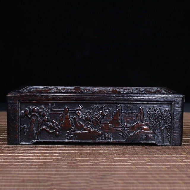 Carved Hardwood Box With Landscape Scenes and Sliding Lid For Sale In Los Angeles - Image 6 of 10