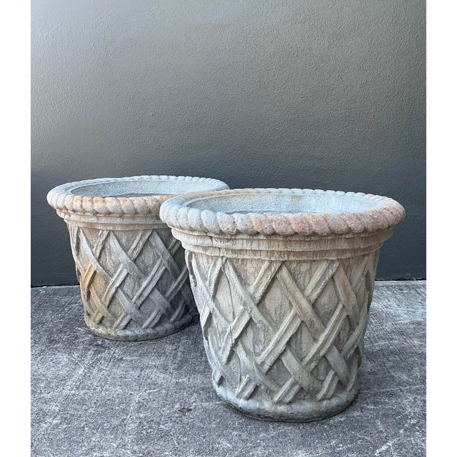 Late 20th Century Vintage Cast Concrete Trellis Planters - A Pair For Sale - Image 5 of 12