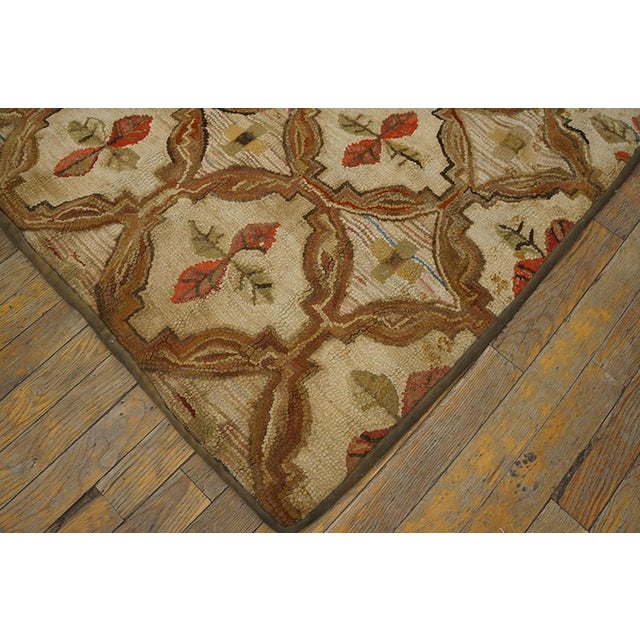 Late 19th Century 1890s Beige Floral Rustic Folk Art Antique American Hooked Rug 5'4" X 6'4" Handknotted Wool Carpet For Sale - Image 5 of 5