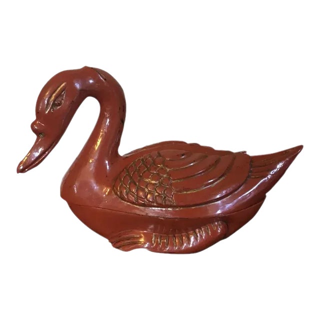 Antique Chinese Red Orange Lacquer Carved Wood Duck Goose Box For Sale