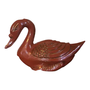 Antique Chinese Red Orange Lacquer Carved Wood Duck Goose Box