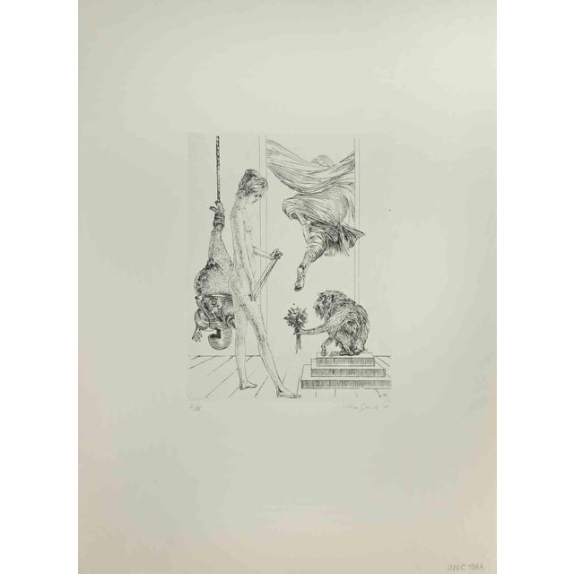Woman with monkey is an artwork realized by Leo Guida, in 1971. Etching, 50 x 70 cm. Edition I/XX Handsigned and dated...
