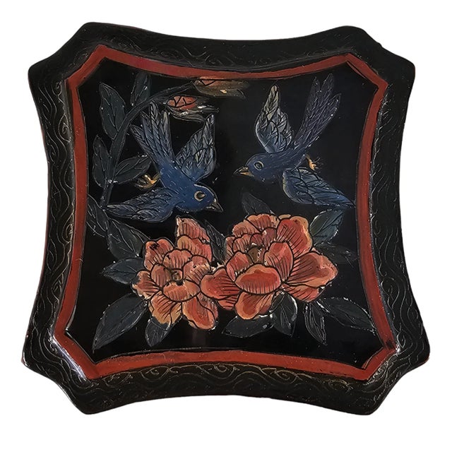 Paint Vintage Chinese Black Lacquer Box With Peony and Blue Bird Motif, Hexagonal Form For Sale - Image 7 of 12
