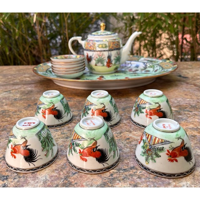 Vintage Chinese Hand Painted Porcelain Rooster Chinoiserie Motif 14 Piece Tea Set For Sale - Image 4 of 12