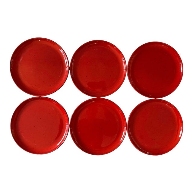 Set of 6 Red Gerz West German Pottery Small Plates For Sale