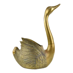Mid Century Ornate Gold Solid Brass Heavy Tall Swan Cachepot Planter
