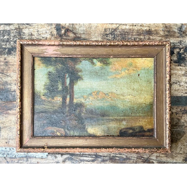 This vintage mid-century oil painting presents a peaceful pastoral landscape, inviting viewers into a serene countryside...
