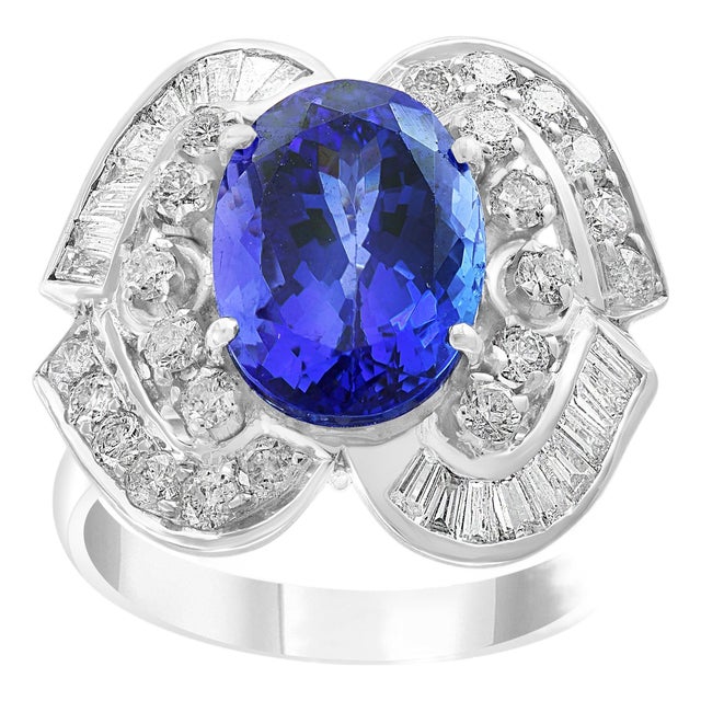 5.38 Carat Oval Tanzanite and Diamond Ring 18 Karat White Gold, Estate For Sale