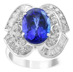 5.38 Carat Oval Tanzanite and Diamond Ring 18 Karat White Gold, Estate