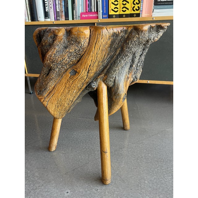 1960s 1960s Mid Century Cypress Root Side Table Live Edge Burl Tripod Stool George Nakashima Style Sculptural Organic Studio Craft For Sale - Image 5 of 11