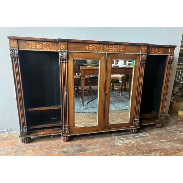 Great little 19th century English Regency period inlaid rosewood breakfront bookcase cabinet. Under 12" deep with...